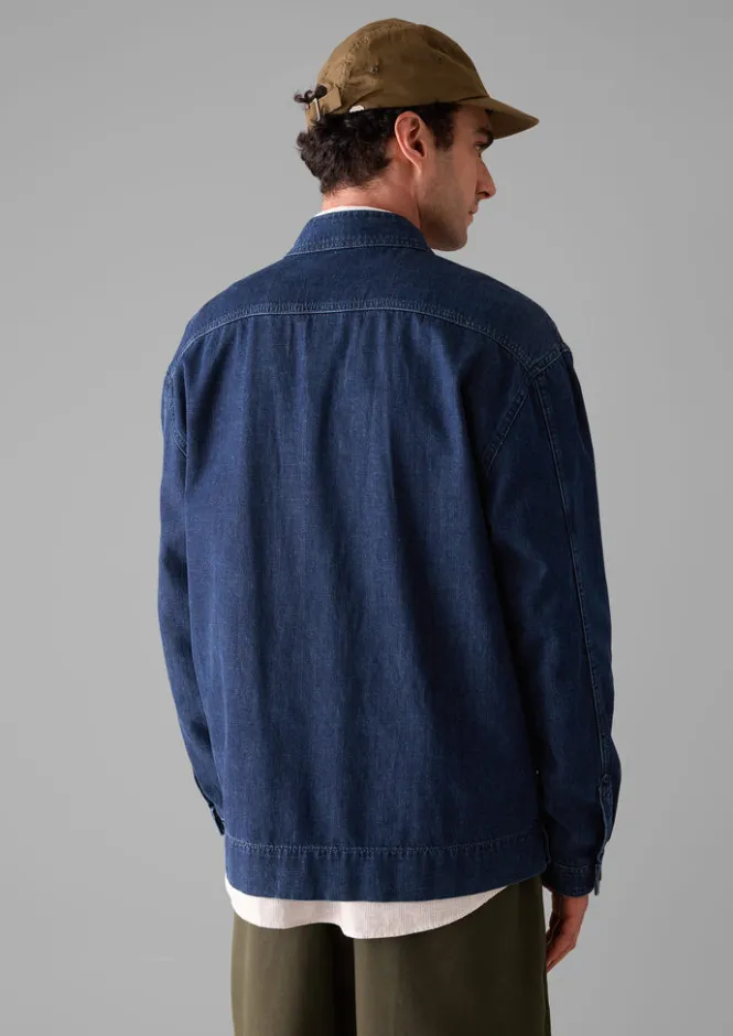 Denim|Workwear-TOAST Grandad Collar Half Placket Denim Shirt Indigo