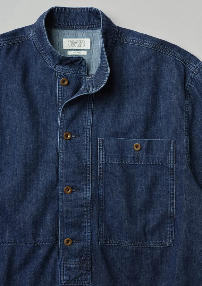 Denim|Workwear-TOAST Grandad Collar Half Placket Denim Shirt Indigo