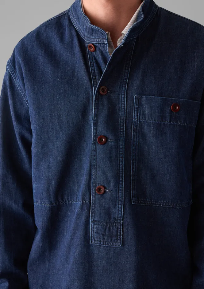 Denim|Workwear-TOAST Grandad Collar Half Placket Denim Shirt Indigo