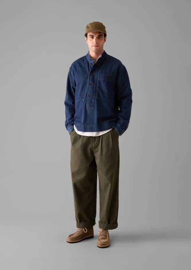 Denim|Workwear-TOAST Grandad Collar Half Placket Denim Shirt Indigo