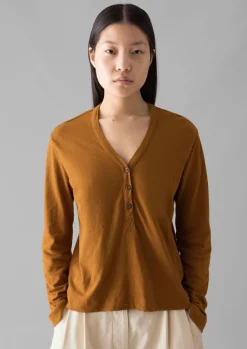 Linen|Jersey-TOAST Half Placket Cotton Linen Tee Cumin