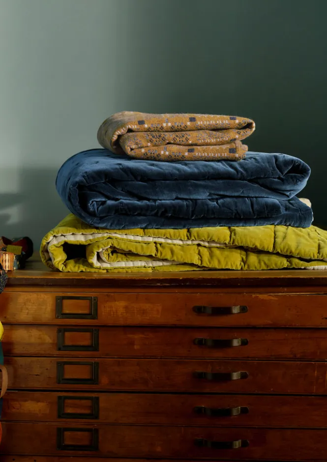 Textiles|Blankets & Throws-TOAST Hand Quilted Velvet Throw Teal/Natural