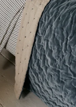 Textiles|Blankets & Throws-TOAST Hand Quilted Velvet Throw MineralBlue/Natural