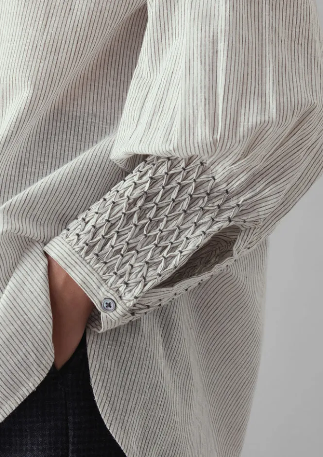Shirts|Tops & Tees-TOAST Hand Smocked Stripe Cotton Linen Shirt Charcoal/Ecru
