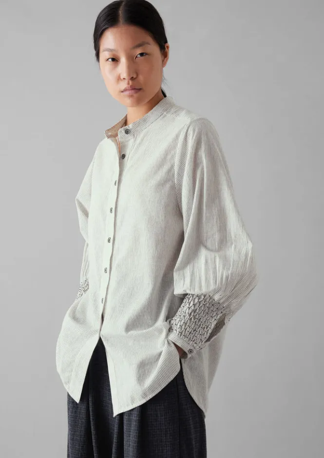Shirts|Tops & Tees-TOAST Hand Smocked Stripe Cotton Linen Shirt Charcoal/Ecru