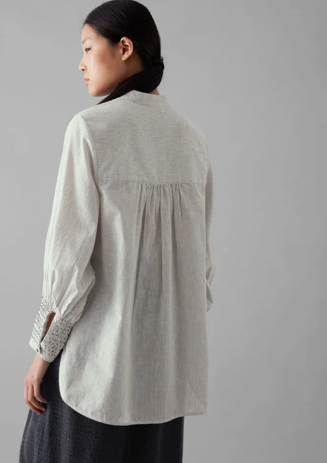 Shirts|Tops & Tees-TOAST Hand Smocked Stripe Cotton Linen Shirt Charcoal/Ecru