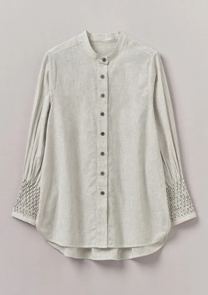 Shirts|Tops & Tees-TOAST Hand Smocked Stripe Cotton Linen Shirt Charcoal/Ecru