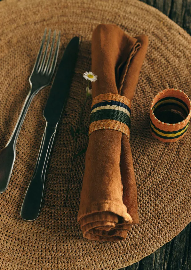 Textiles|Kitchen-TOAST Hand Woven Iraca Napkin Rings Brick/Multi
