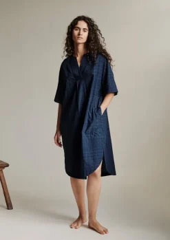 Nightwear|Loungewear-TOAST Hand Woven Sketched Check Nightdress Twilight/Ecru