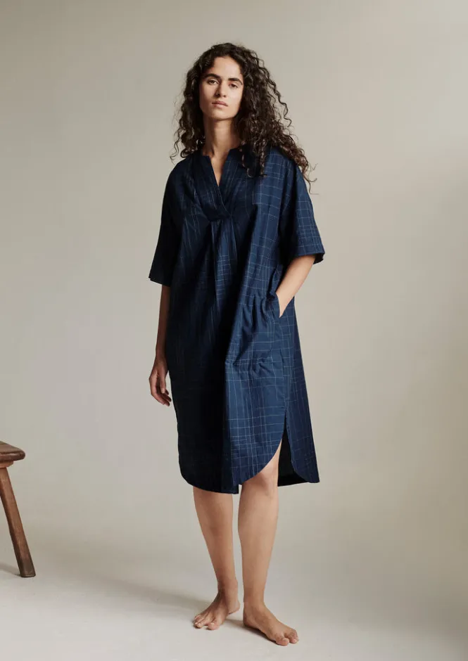 Nightwear|Loungewear-TOAST Hand Woven Sketched Check Nightdress Twilight/Ecru