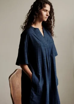 Nightwear|Loungewear-TOAST Hand Woven Sketched Check Nightdress Twilight/Ecru