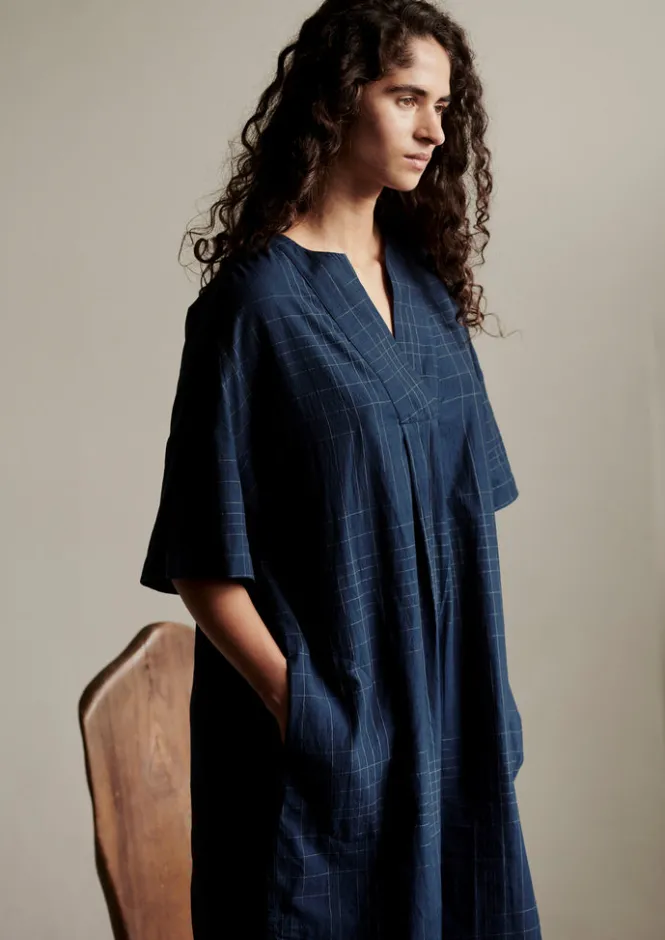 Nightwear|Loungewear-TOAST Hand Woven Sketched Check Nightdress Twilight/Ecru
