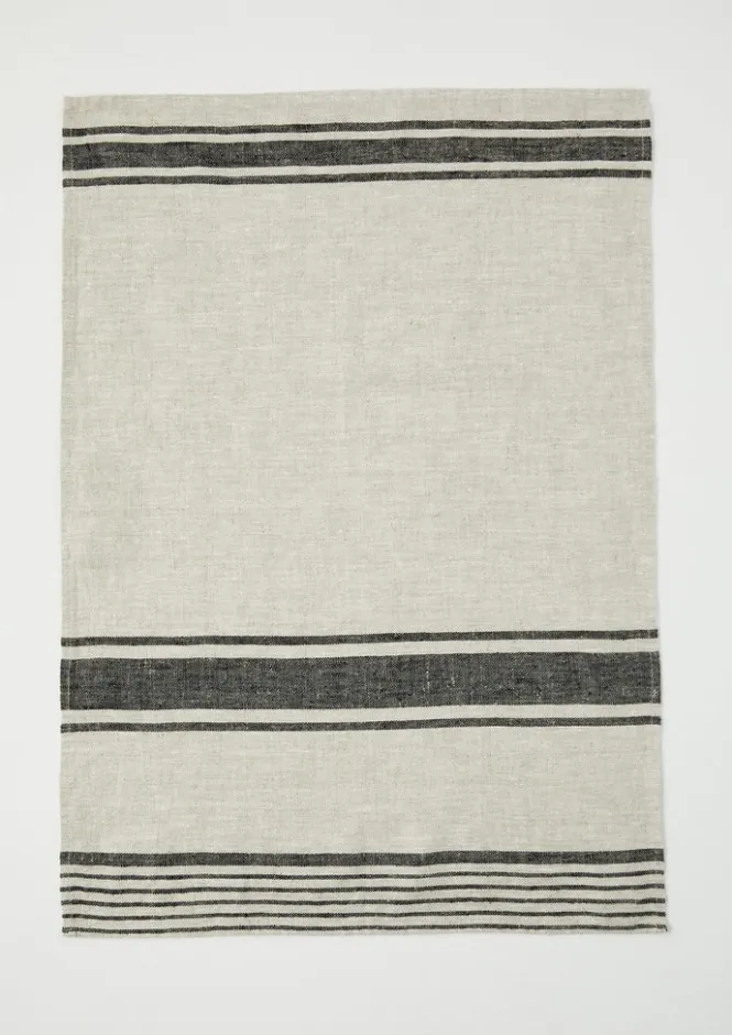 Aprons & Tea Towels-TOAST Irregular Stripe Linen Tea Towel Natural/Black