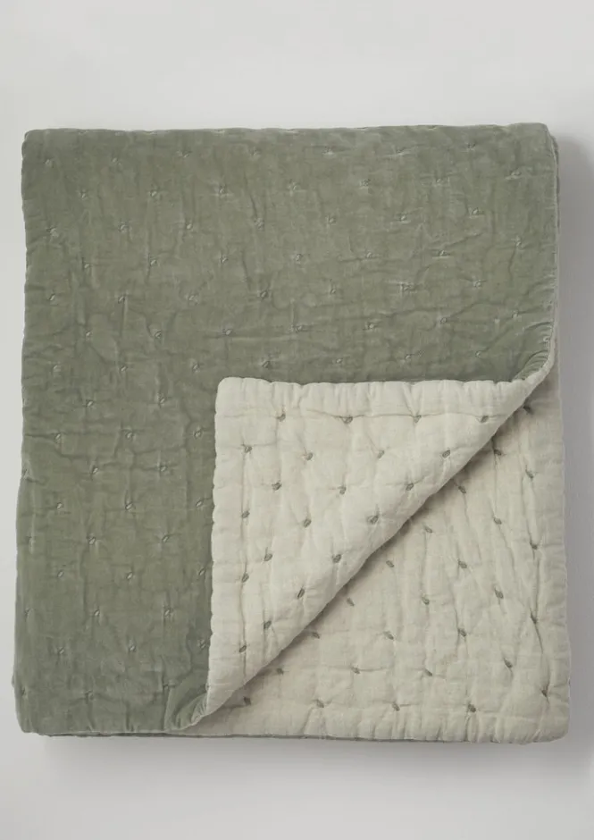 Textiles|Blankets & Throws-TOAST Large Hand Quilted Velvet Throw Sage/Natural