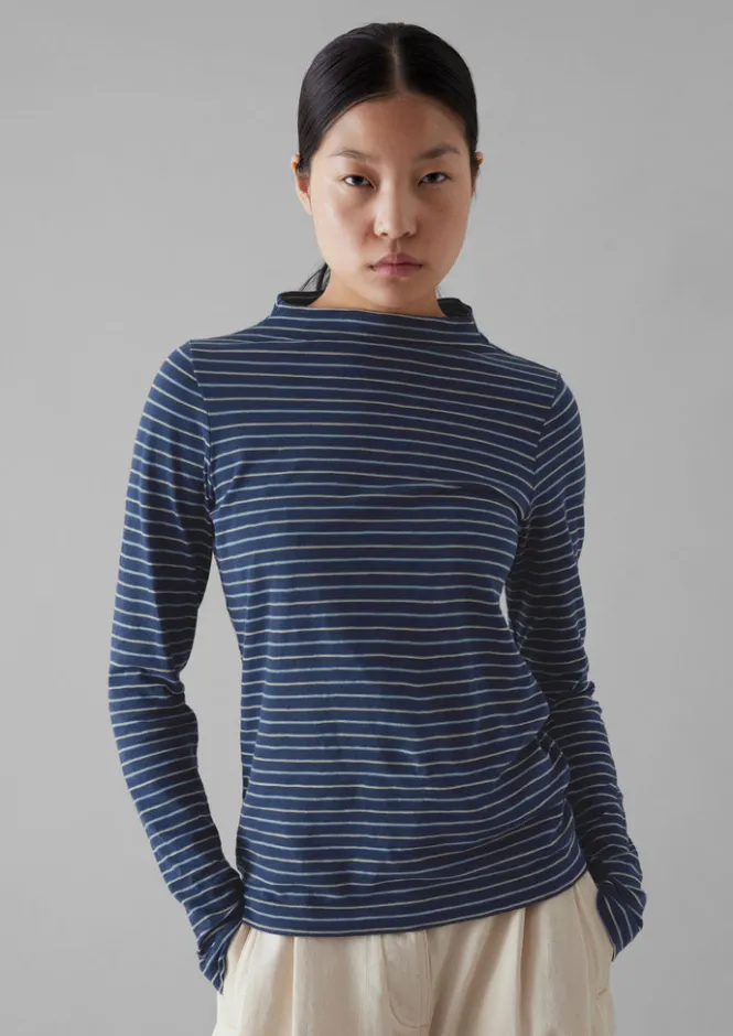 Jersey|Tops & Tees-TOAST Light Stripe Cotton Slub Tee NileBlue
