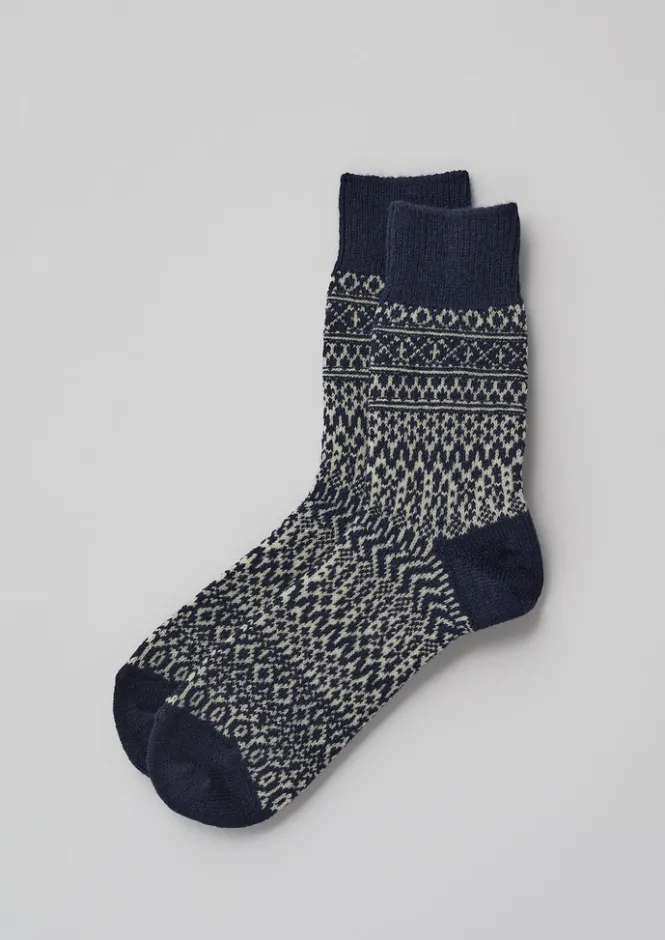 Socks-TOAST Nishiguchi Kutsushita Wool Jacquard Oslo Socks Navy