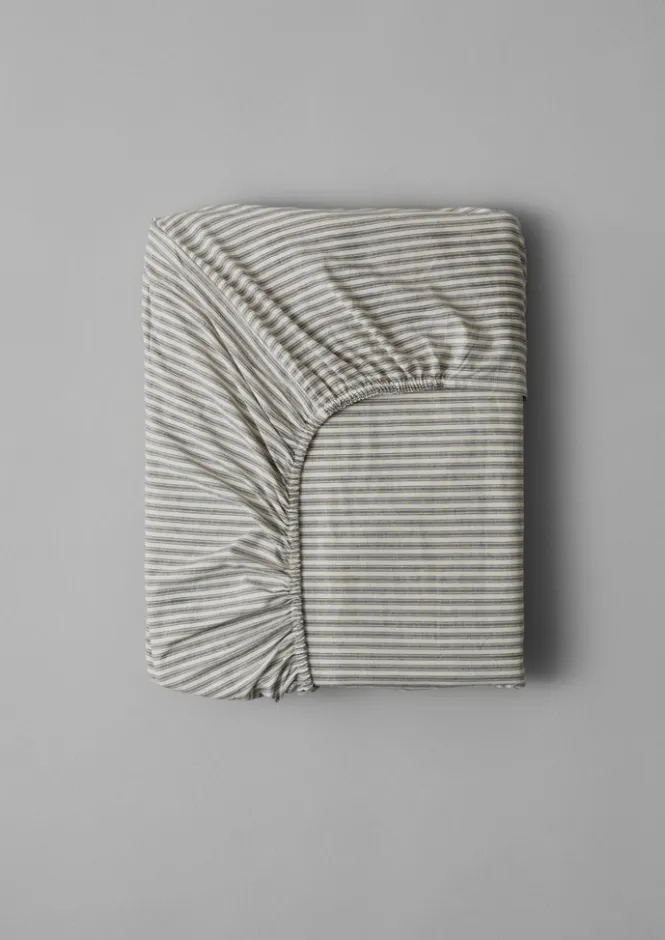 Textiles|Bed Linen-TOAST Organic Cotton Ticking Stripe Fitted Sheet Ecru/Graphite