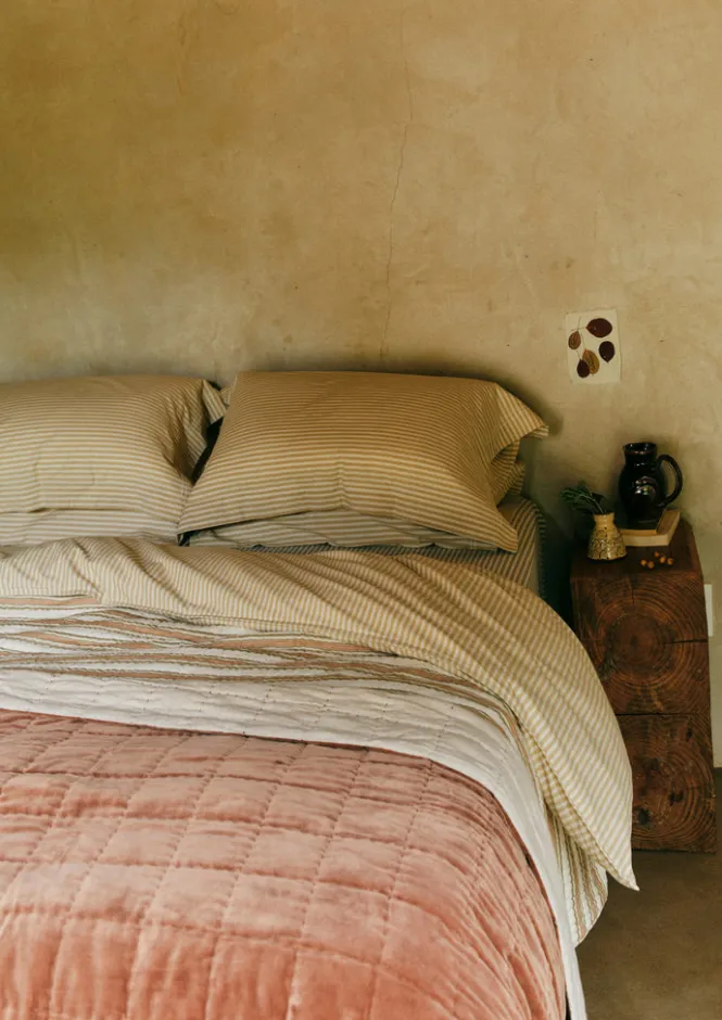 Textiles|Bed Linen-TOAST Organic Cotton Ticking Stripe Oxford Pillowcase Ecru/Straw
