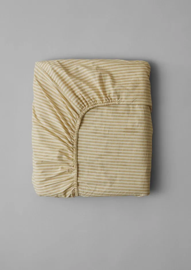Textiles|Bed Linen-TOAST Organic Cotton Ticking Stripe Fitted Sheet Ecru/Straw