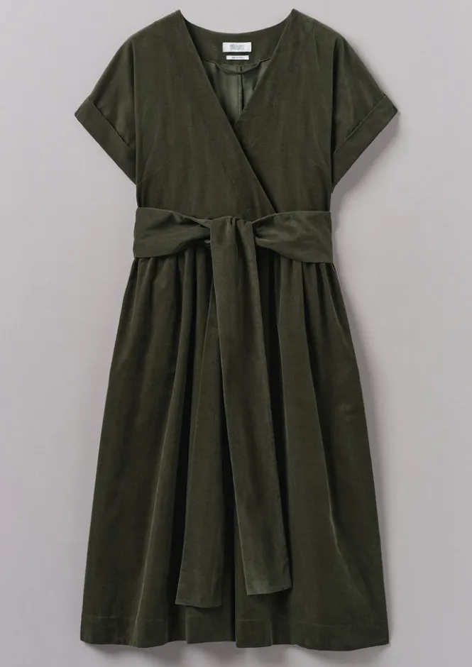 Cord|Dresses-TOAST Organic Needlecord Wrap Front Dress Seaweed