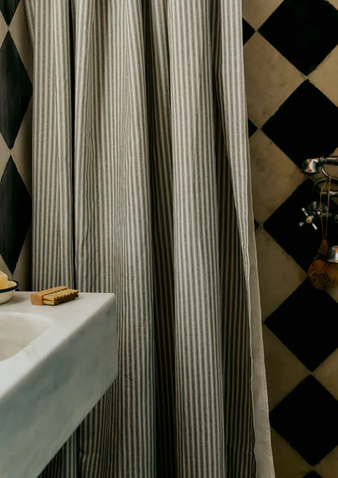 Textiles|Bathroom-TOAST Organic Ticking Stripe Shower Curtain Ecru/Graphite