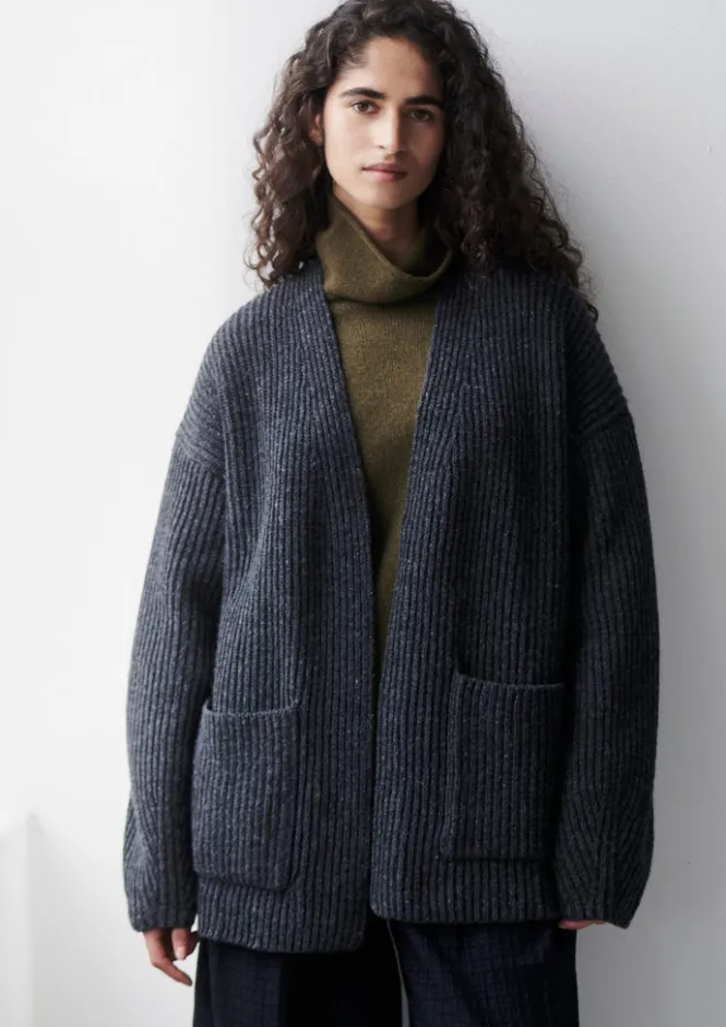 Knitwear-TOAST Ribbed Wool Knitted Cardigan Charcoal