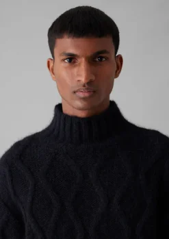 Knitwear-TOAST Roll Neck Cable Knit Sweater Navy