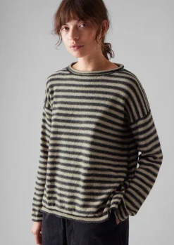 Loungewear|Knitwear-TOAST Stripe Alpaca Wool Sweater Ecru/Charcoal