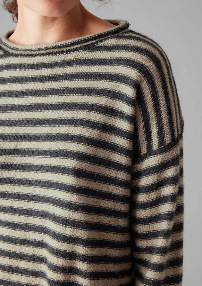 Loungewear|Knitwear-TOAST Stripe Alpaca Wool Sweater Ecru/Charcoal