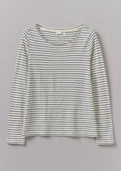 Jersey|Tops & Tees-TOAST Stripe Cotton Open Neck Tee Stone