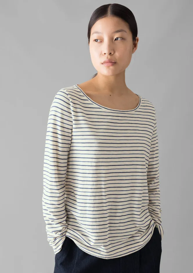 Jersey|Tops & Tees-TOAST Stripe Cotton Open Neck Tee Stone