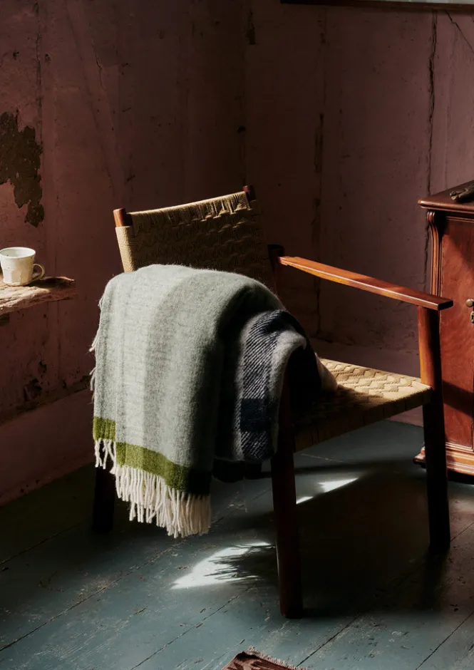 Textiles|Blankets & Throws-TOAST Stripe Edge Wool Blanket Grey/Fern