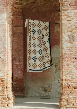 Textiles|Blankets & Throws-TOAST Tile Cotton Patchwork Quilt Ecru/GoldenHay/Prune