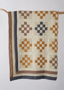 Textiles|Blankets & Throws-TOAST Tile Cotton Patchwork Quilt Ecru/GoldenHay/Prune