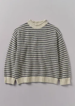 Knitwear-TOAST Tucking Stripe Wool Cotton Sweater Ecru/Navy