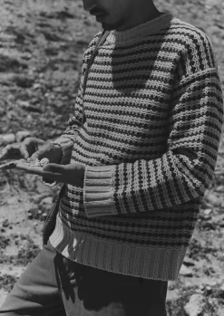 Knitwear-TOAST Tucking Stripe Wool Cotton Sweater Ecru/Navy