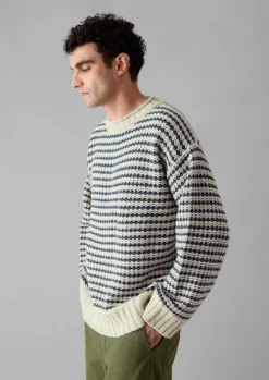 Knitwear-TOAST Tucking Stripe Wool Cotton Sweater Ecru/Navy