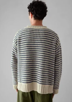 Knitwear-TOAST Tucking Stripe Wool Cotton Sweater Ecru/Navy