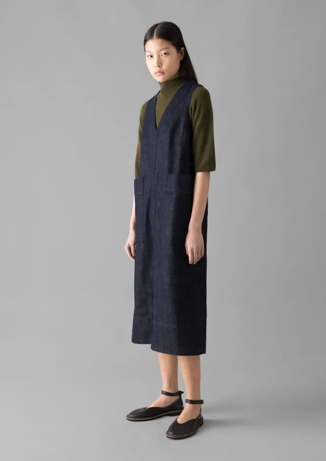 Denim|Workwear-TOAST V-Neck Denim Pinafore Dress Indigo