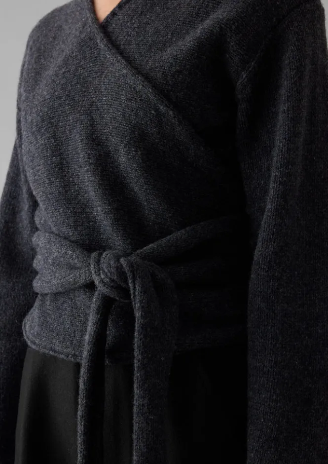 Knitwear-TOAST V-Neck Wool Wrap Cardigan Charcoal